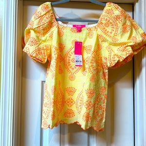 NWT. Lilly Pulitzer Lettie Short Sleeve Calla Yellow Gingham Seersucker Island